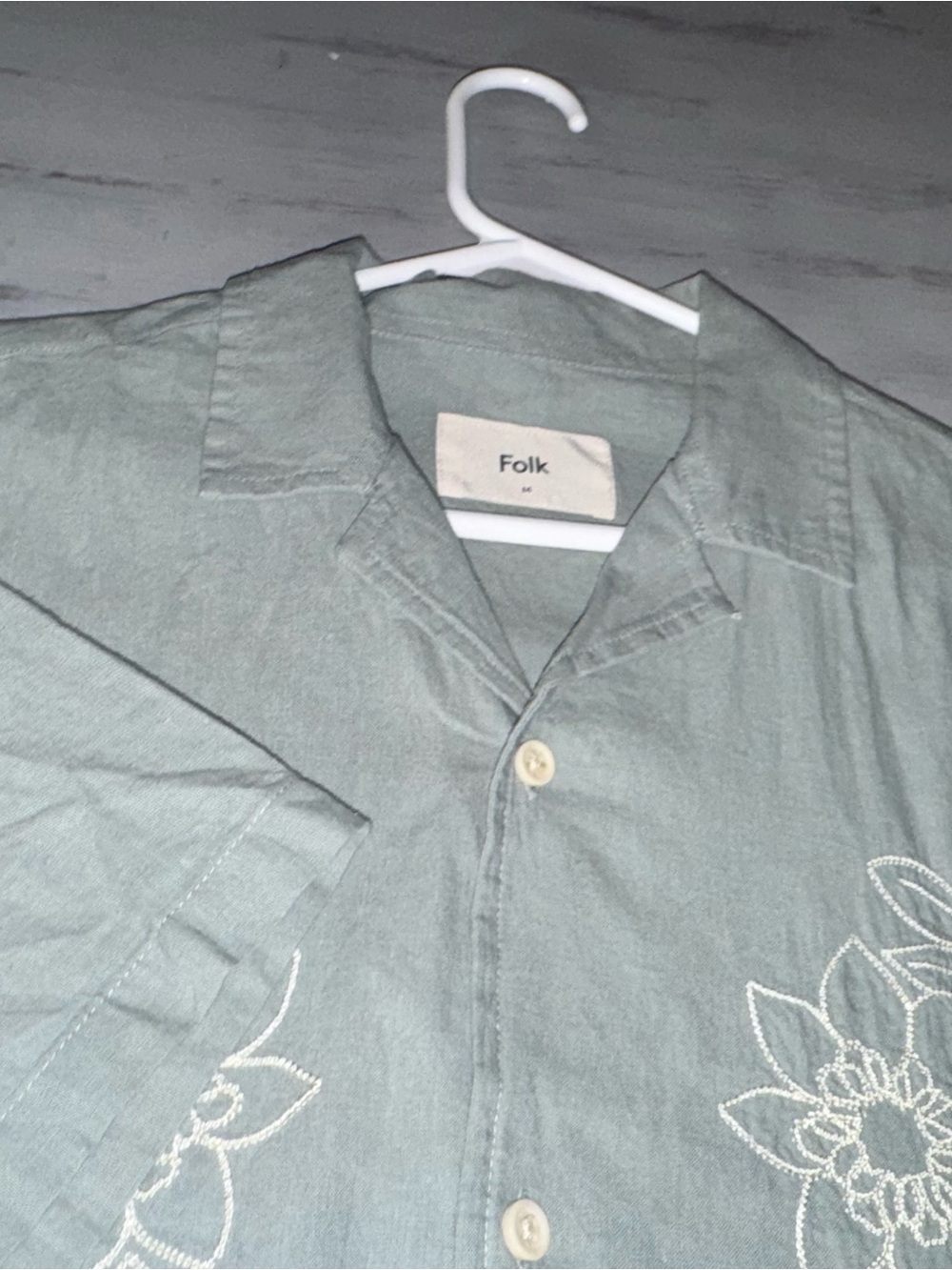 Folk Mens M Embroidered Floral Camp Shirt Sage Cotton Linen Short Sleeve